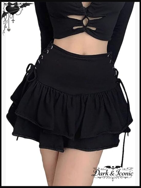 Dresses & Skirts - Black Lace Up Mini Skirt High Waist Goth Pleated Ruffle Y2k Punk Skater Skirt